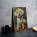 a small white dog sitting on top of a table