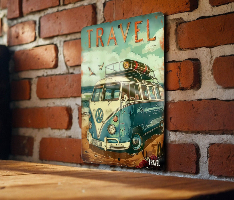 a picture of a vw bus on a brick wall