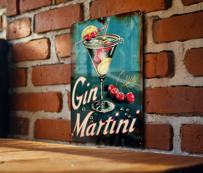 a sign on a brick wall that says gin martini