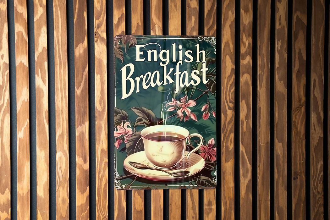 a sign on a wooden wall that says english breakfast