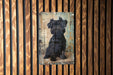 a painting of a black dog on a wooden wall