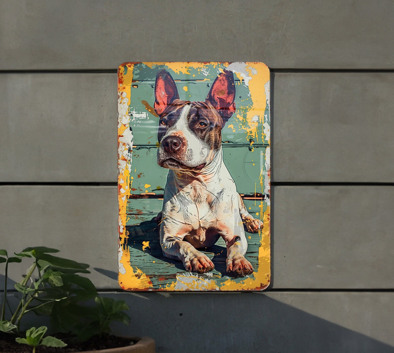 a picture of a dog on a wooden sign
