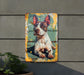 a picture of a dog on a wooden sign