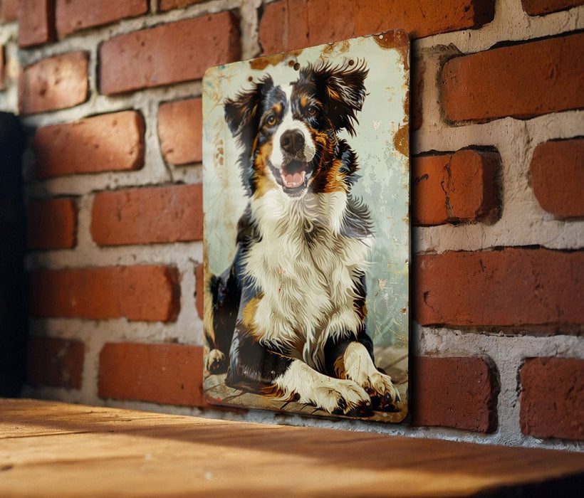 a picture of a dog hanging on a brick wall