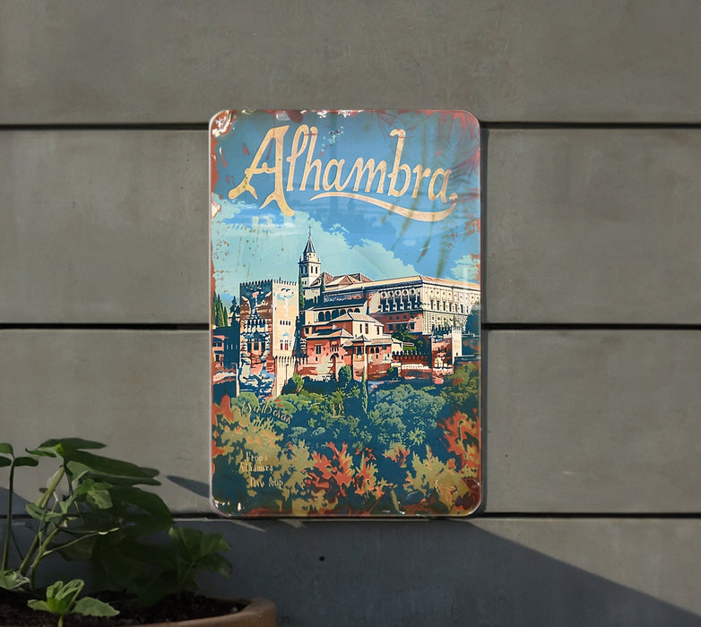 a metal sign with a picture of a city on it