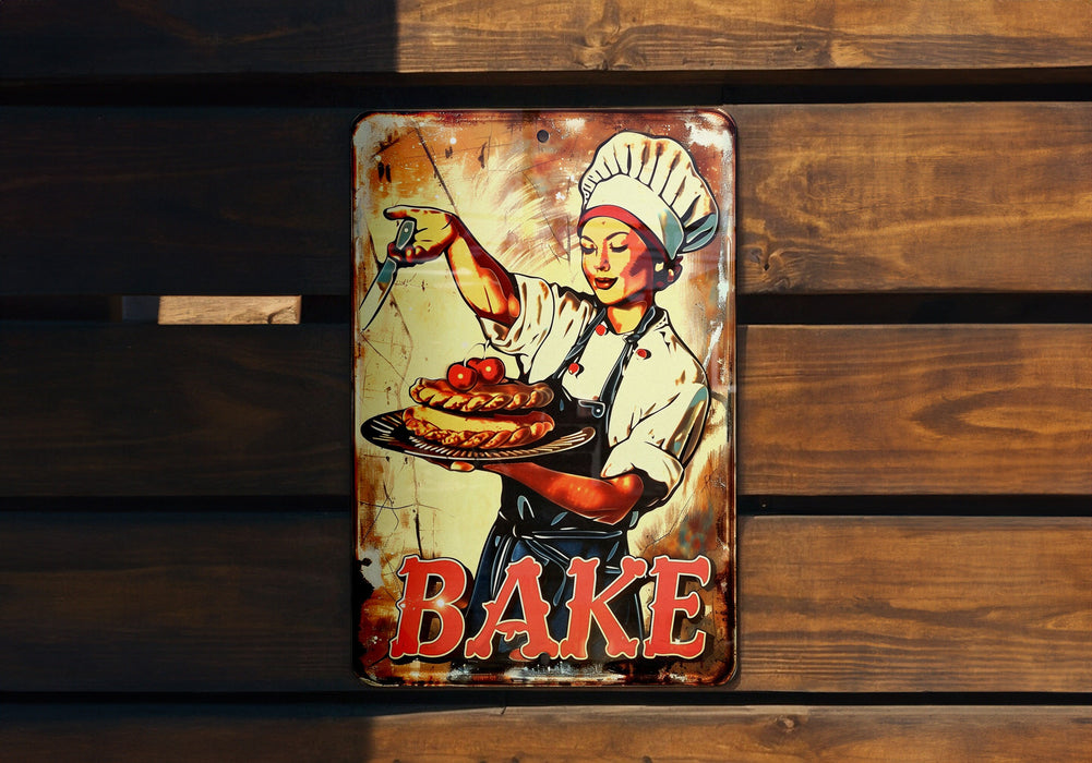 a tin sign with a woman holding a cake on it
