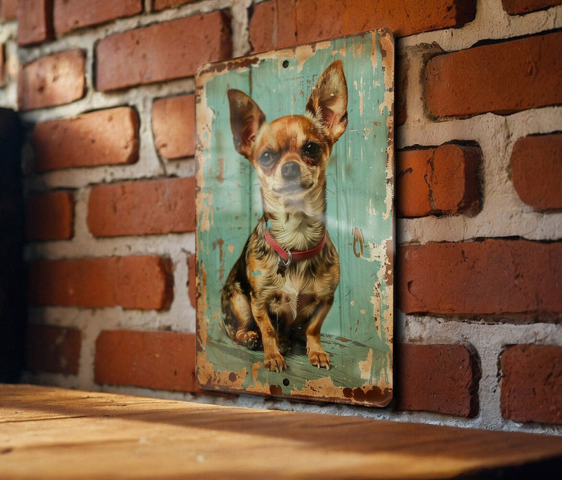 a picture of a small dog on a brick wall