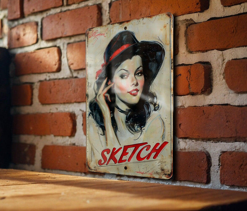 a picture of a woman with a hat on a brick wall