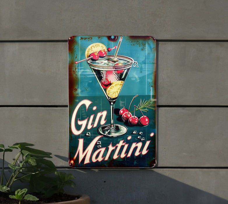 a metal sign that says gun martini with cherries