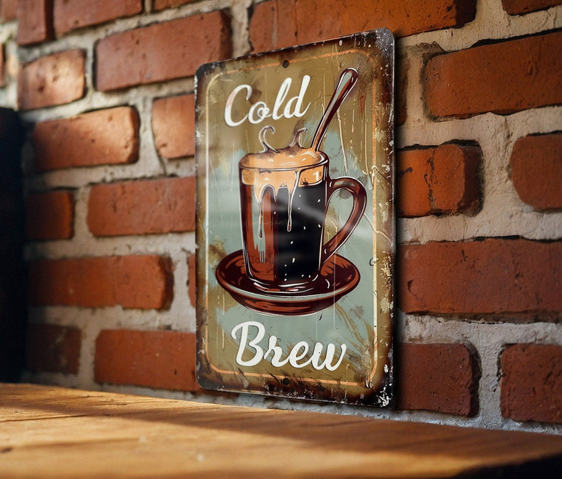 a sign on a brick wall that says cold brew