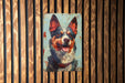 a painting of a dog on a wooden wall
