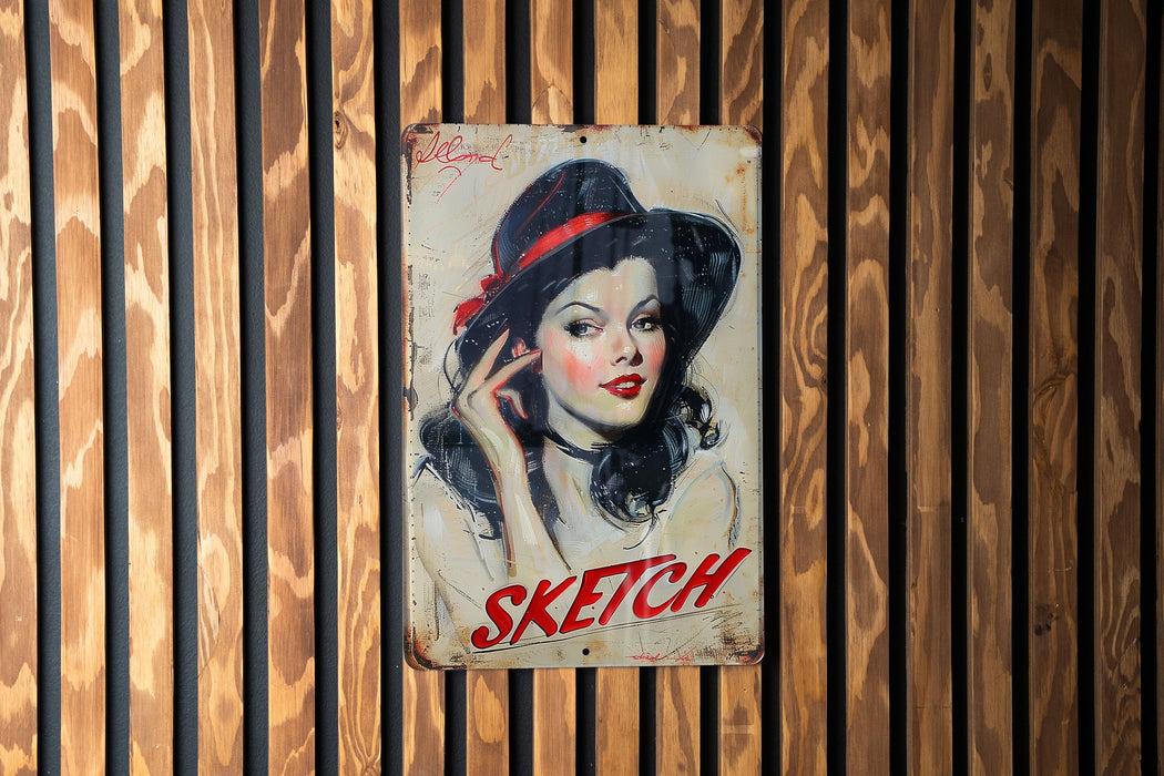 a painting of a woman with a hat on a wooden wall