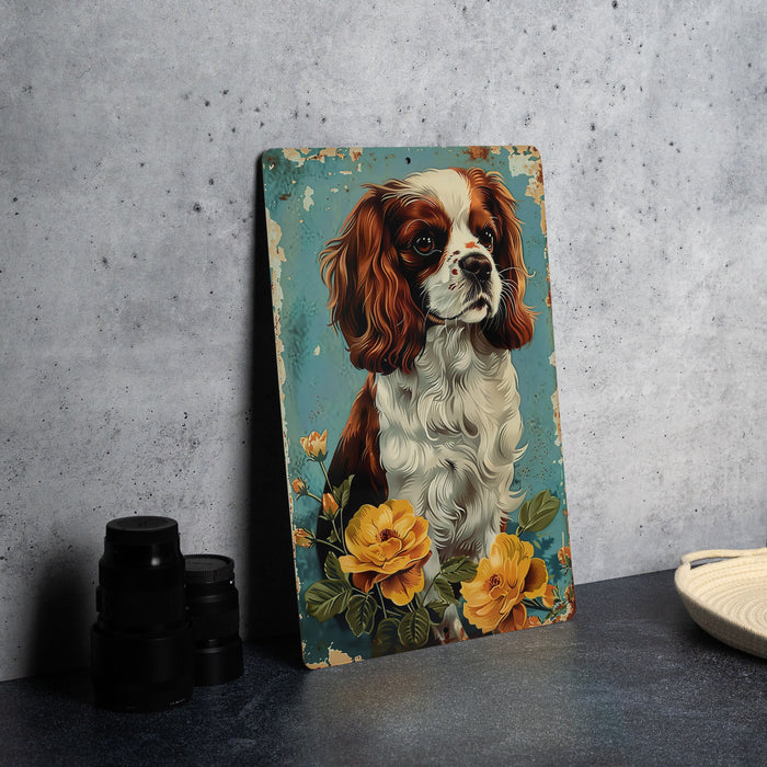 a painting of a brown and white dog on a blue background