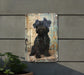 a painting of a dog on a wall next to a potted plant