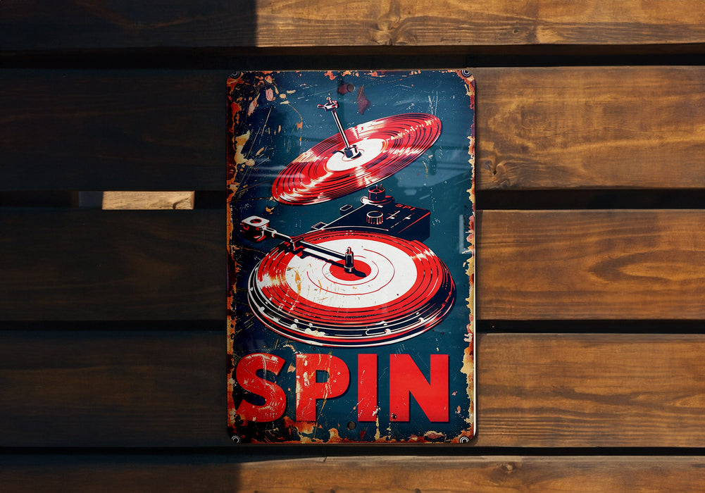 a sign on a wooden wall that says spin
