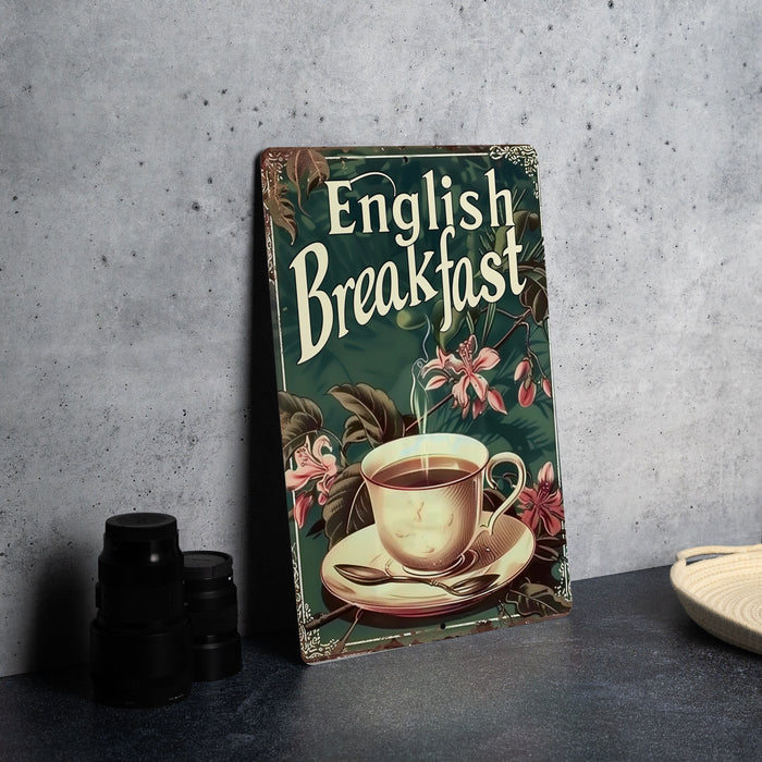 a sign on a table with a cup of coffee