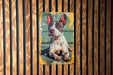 a painting of a dog on a wooden wall