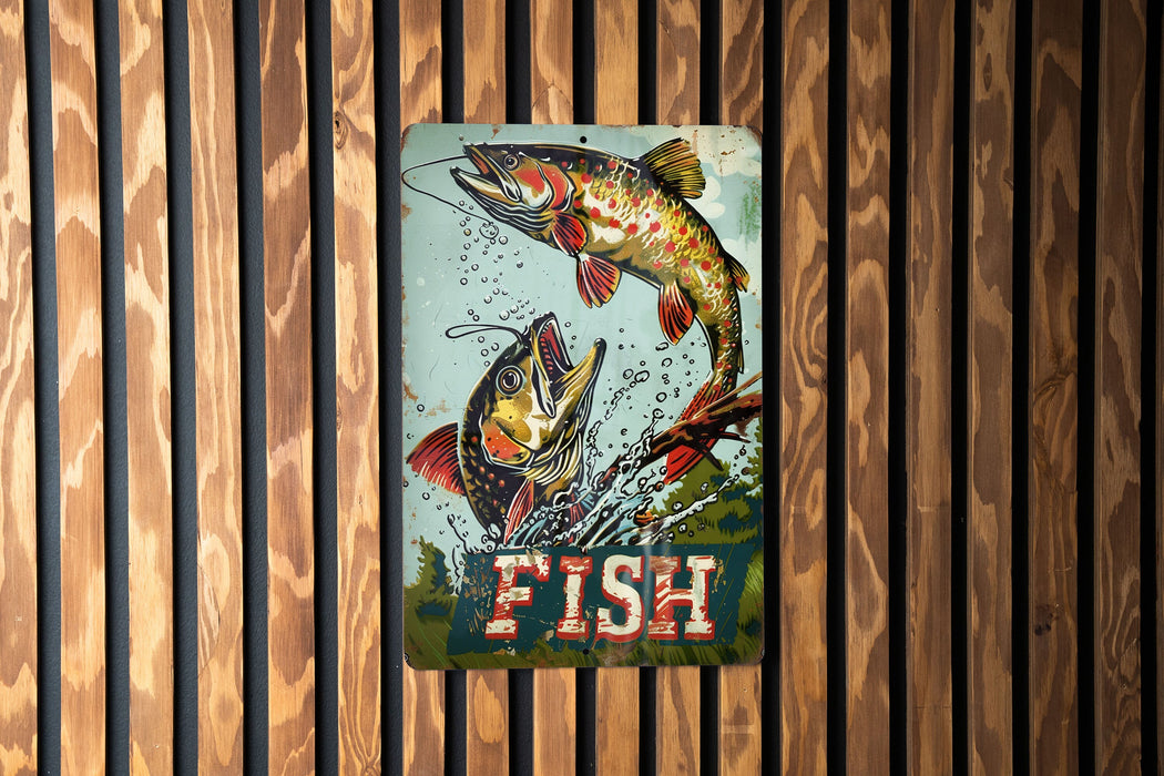 a fish sign hanging on a wooden wall
