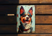 a picture of a dog on a wooden bench