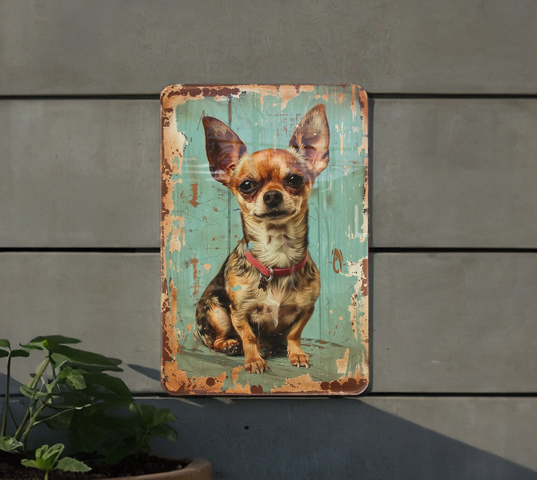 a picture of a dog on a wooden sign