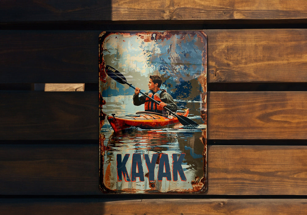 a picture of a man in a kayak on a wooden wall