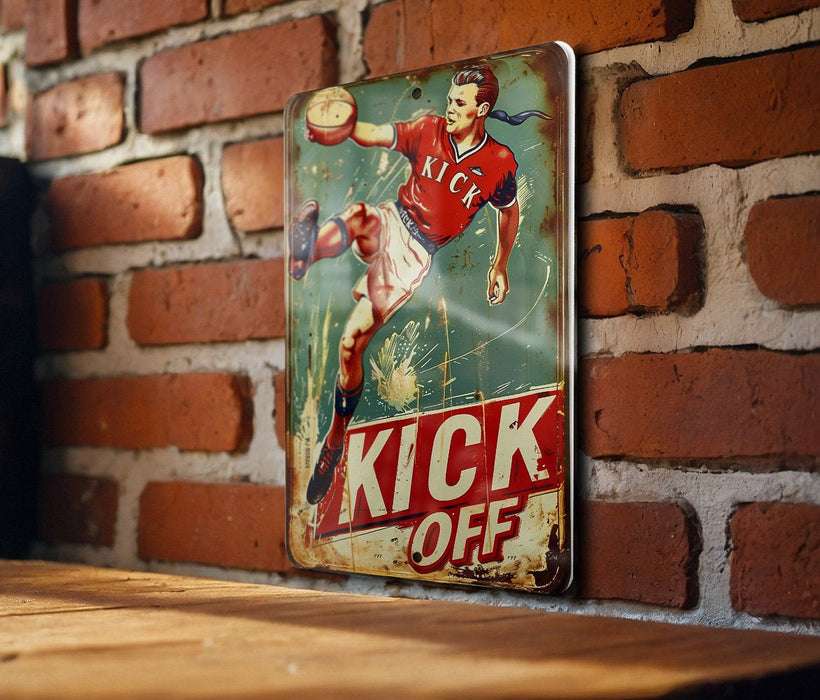 a picture of a kick off sign on a brick wall