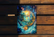 a wooden bench with a painting on it