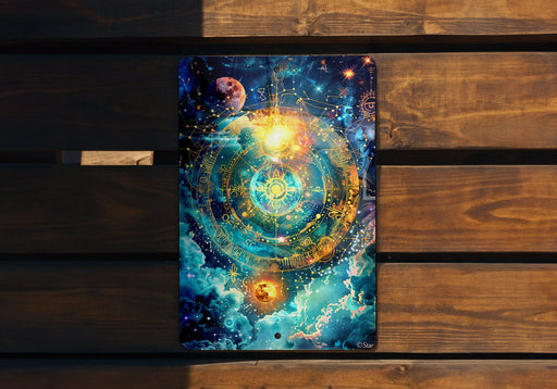 a wooden bench with a painting on it