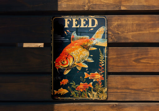 a metal sign with a gold fish on it