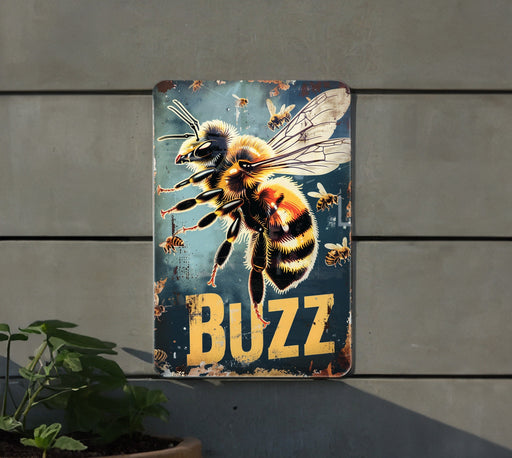 a metal sign with a picture of a bee on it