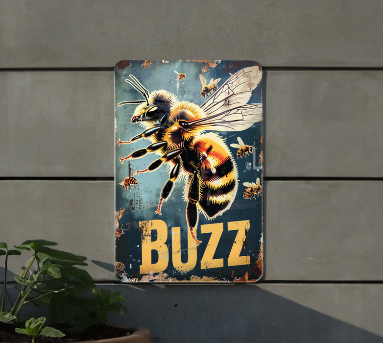 a metal sign with a picture of a bee on it
