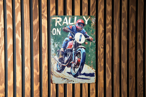 a poster of a man riding a motorcycle on a wooden wall