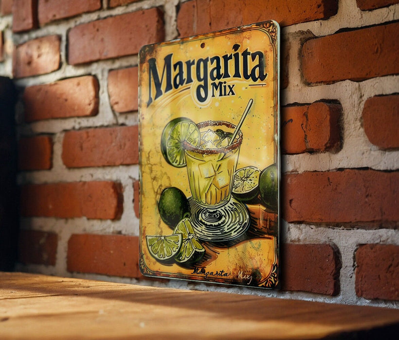 a sign on a brick wall that says margarita mix