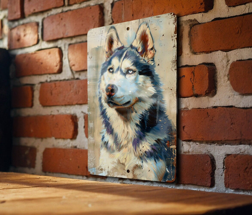 a painting of a husky on a brick wall