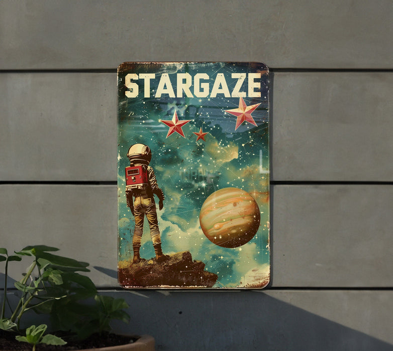 a metal sign with a picture of a spaceman on it