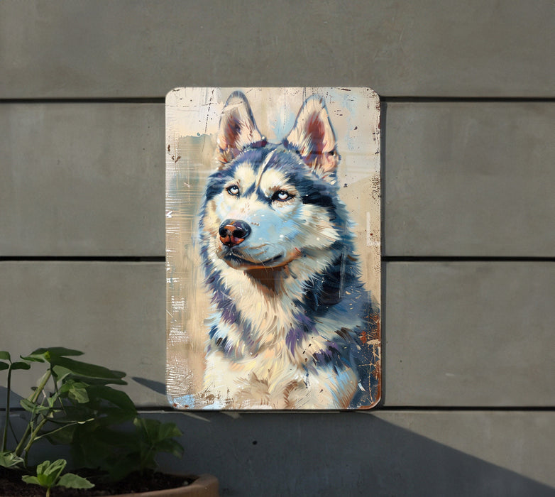 a painting of a husky dog on a wall