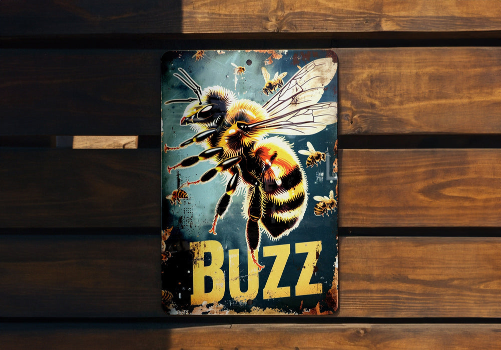 a metal sign with a picture of a bee on it