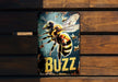 a metal sign with a picture of a bee on it