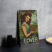 a picture of a girl holding flowers on a table