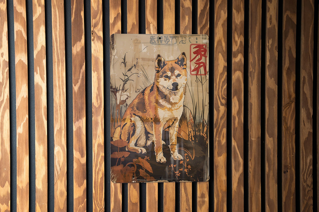 a picture of a dog on a wooden wall