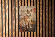a picture of a dog on a wooden wall