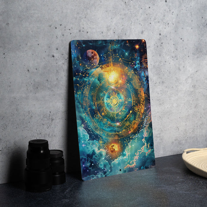 a painting on a table next to a pair of binoculars