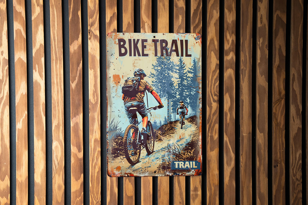 a poster of a man riding a bike on a wooden wall