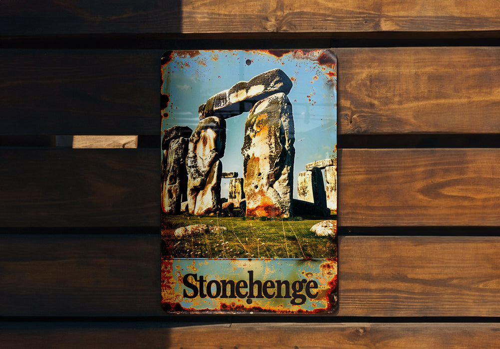 a sign on a wooden bench that says stonehenge