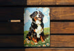 a picture of a dog on a wooden bench