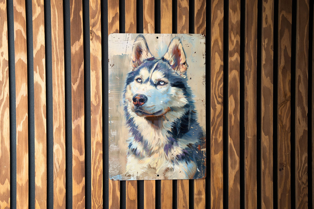 a painting of a dog on a wooden wall