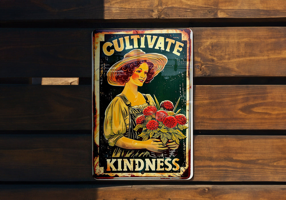 a tin sign with a woman holding a bunch of flowers