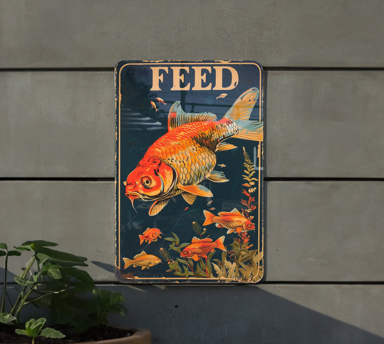 a sign on the side of a building that says feed
