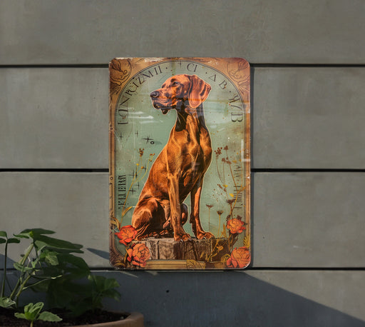 a metal sign with a dog sitting on top of it