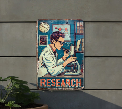 a sign on a wall that says research